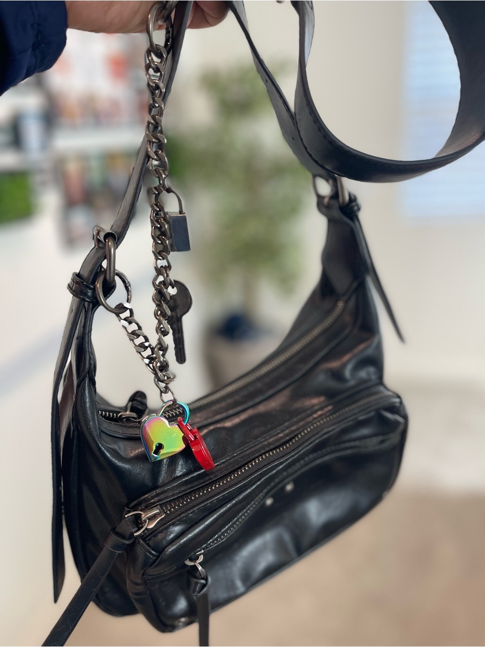 Zara faux  distressed Leather Shoulder Bag with Iridescent Heart Charm